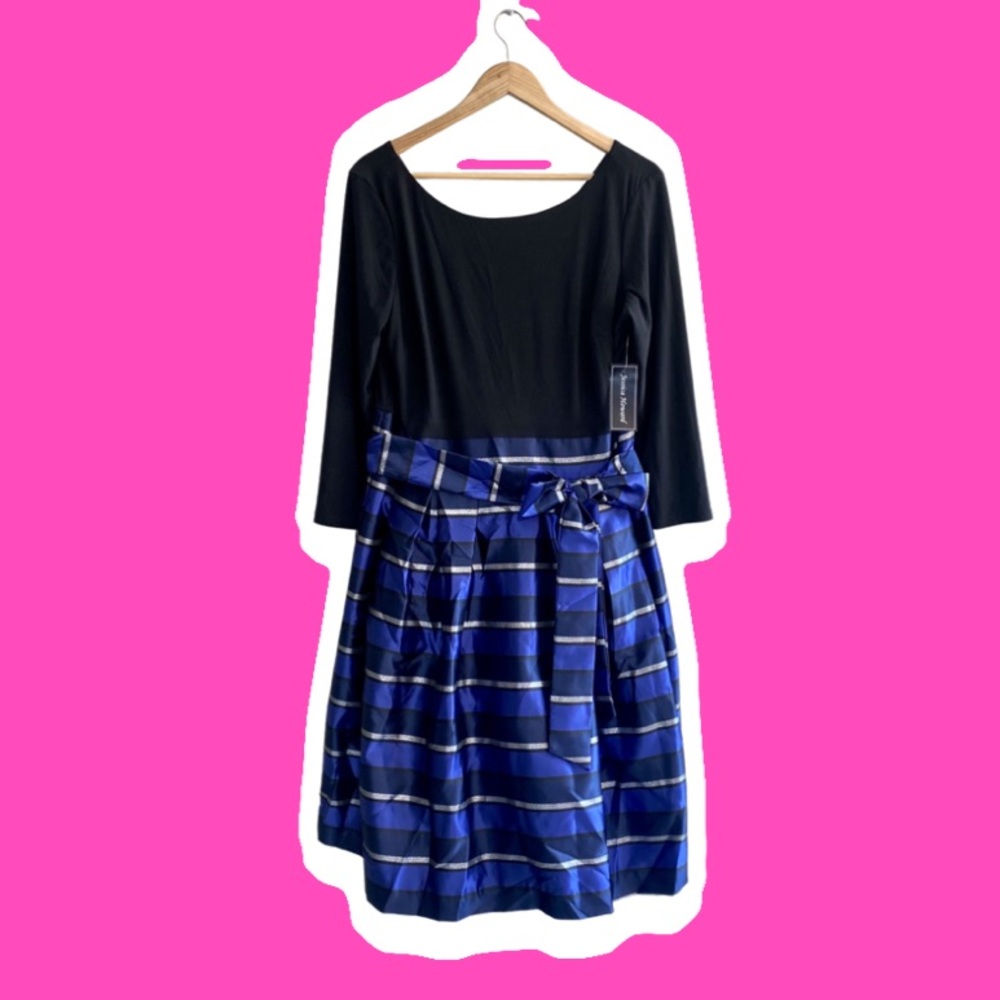 NWT Tea Length Midi Cocktail Dress w/ Royal Blue & Navy Stripes.